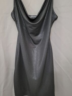 Lovely Day Shimmery Charcoal Cowl Neck Mini Dress